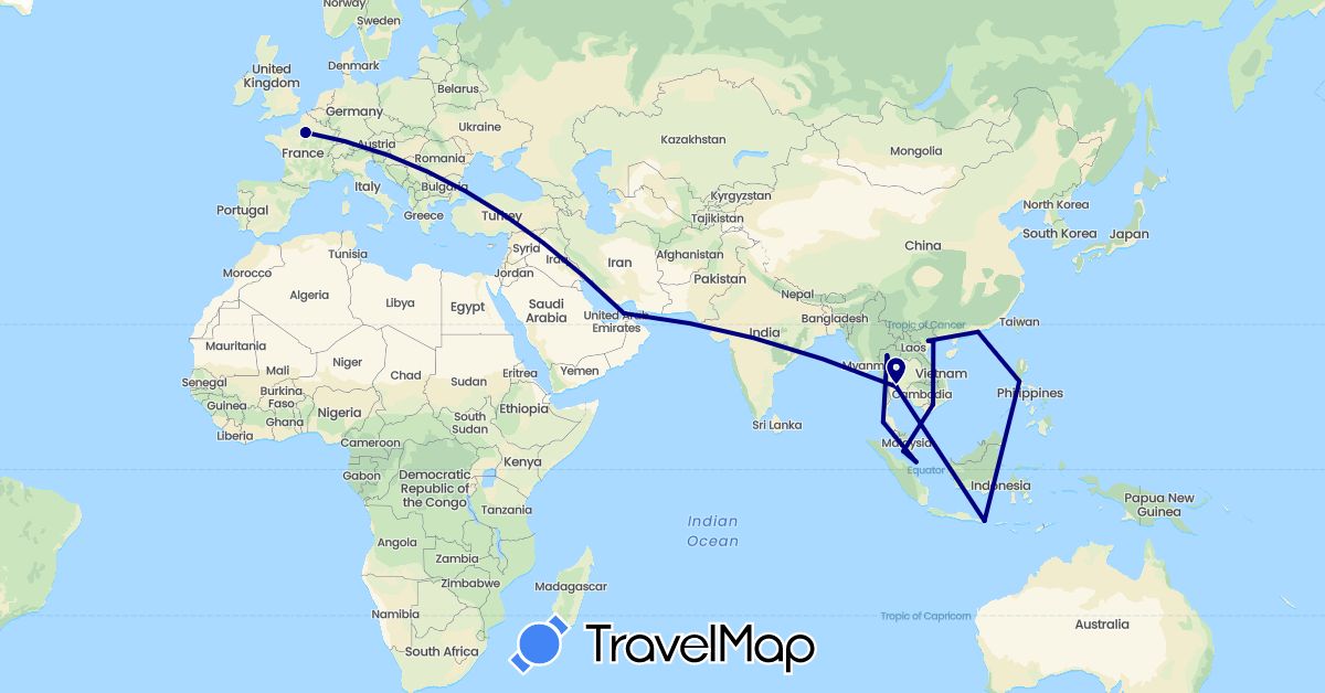 TravelMap itinerary: driving in United Arab Emirates, France, Hong Kong, Indonesia, Malaysia, Philippines, Singapore, Thailand, Vietnam (Asia, Europe)